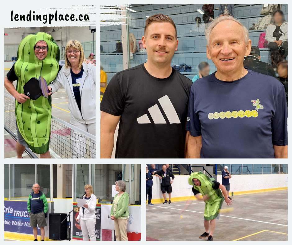 Collage of four tournament photos, including Chad the Pickle with Julie at the net, sponsors, tournament introductions, and an action shot of Chad hitting the ball.