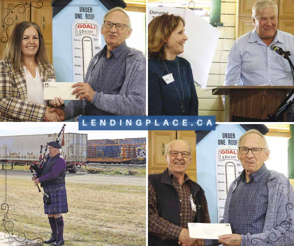 Battle River Lending Place fundraiser launch collages of 4 Camrose Booster images: Bobbi Joe and Erhard Pinno, Tim and Cathy Hanson, David Samm - expert bagpiper, Guest Horst Schreiber and Erhard Pinno