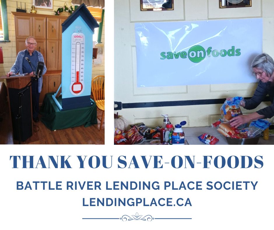 Under One Roof launch collage of 2 images: Erhard Pinno at the podium, and Save-On-Foods banner over table of food