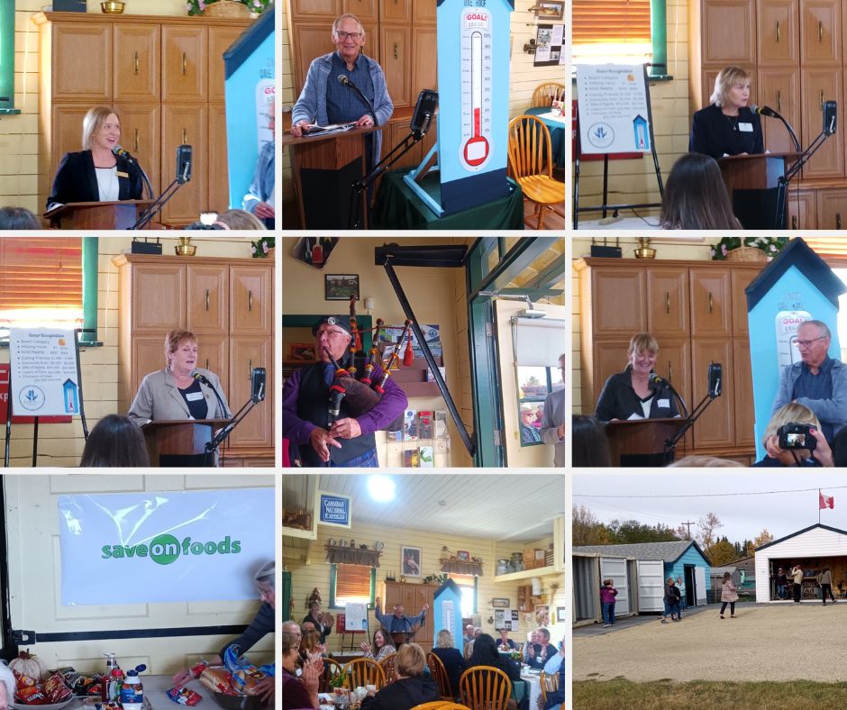 a collage of images of Jennifer Fosen, Erhard Pinno, Jackie Lovely, Cindy Trautment, Julie Girard, and David Samm playing bagpipes at the Camrose Heritage Train Museum