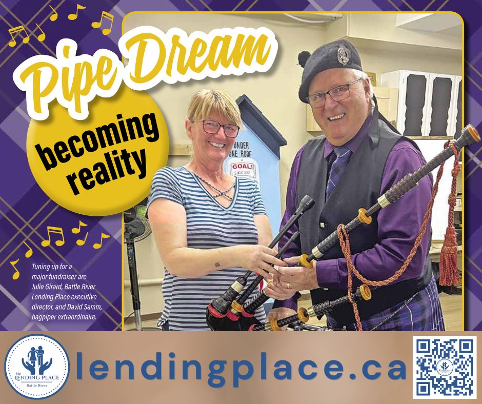 image of Julie and David Samm holding bagpipes at the lending place